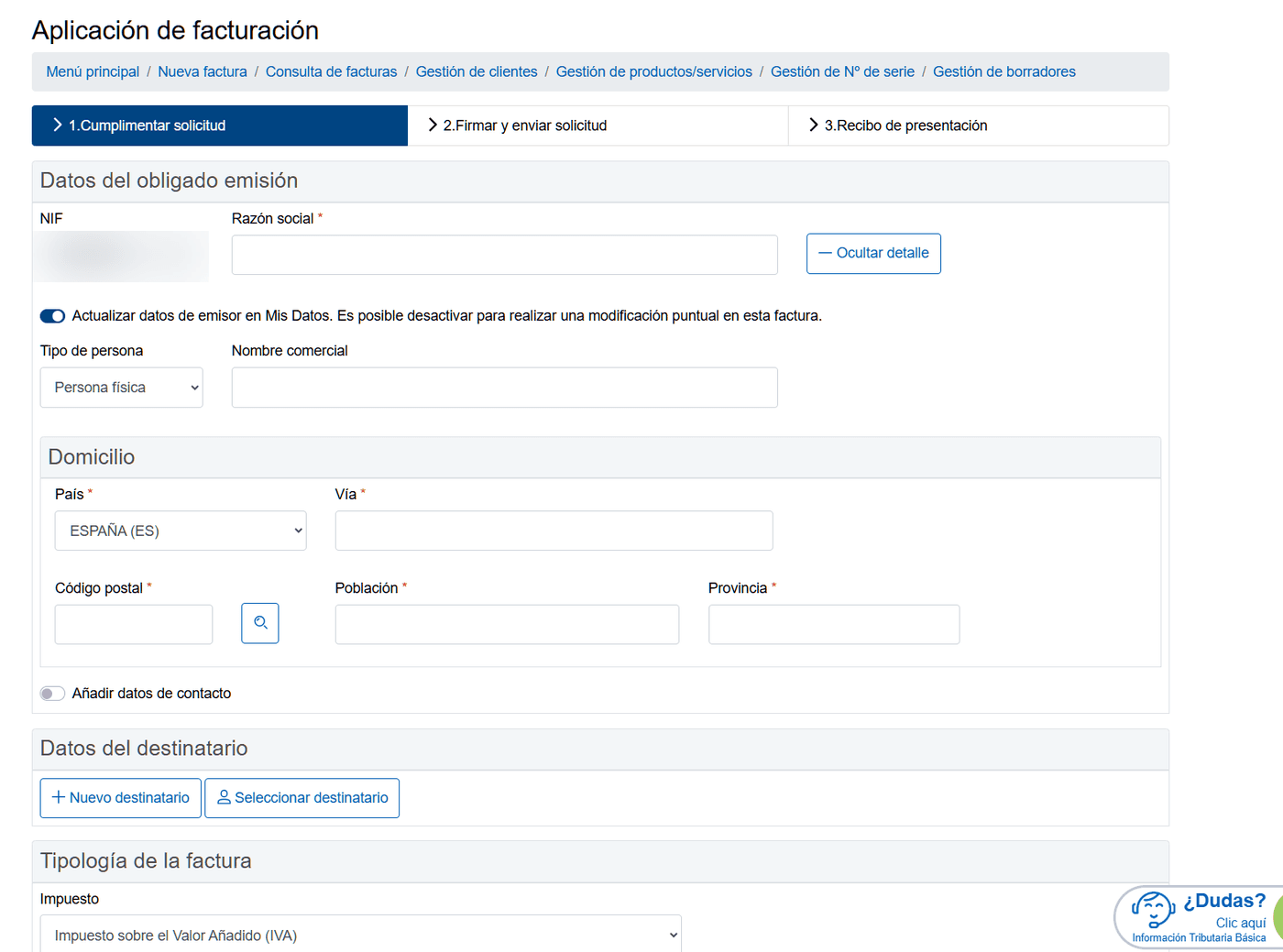 Formulario de datos del emisor en la aplicación de la AEAT