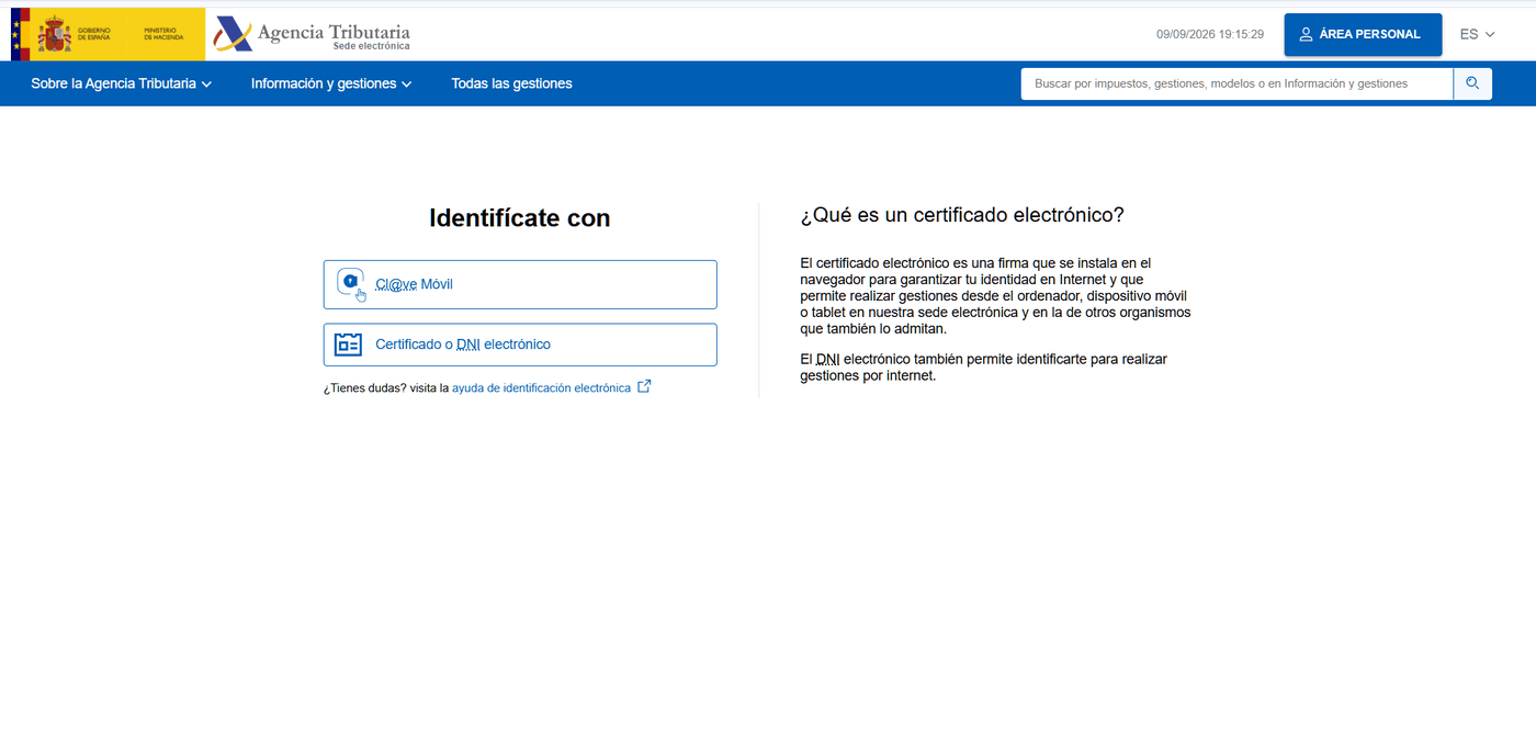 Pantalla de identificación de la Sede electrónica de la AEAT