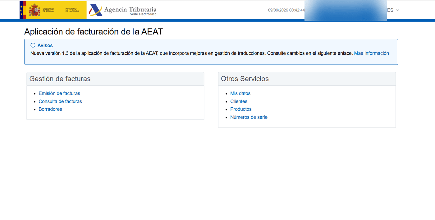 Menú principal de la aplicación de facturación de la AEAT